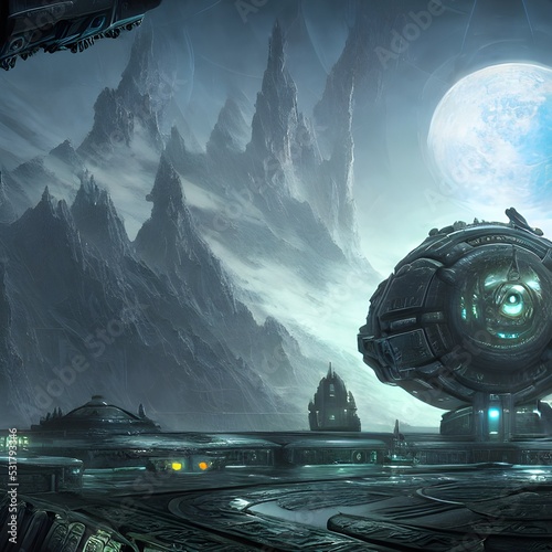 Illustration of Alien city on another far away planet, Older civilisation. High quality photo