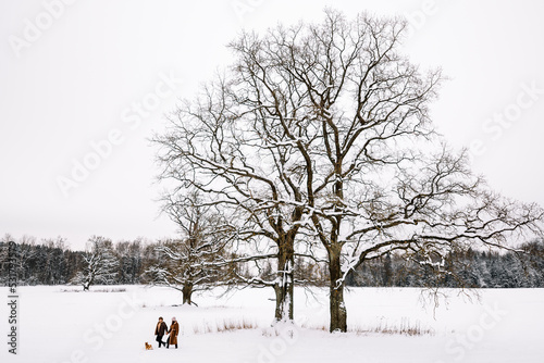 Cute young couple having fun in the winter park with their dog on bright day.Man and woman are relaxing