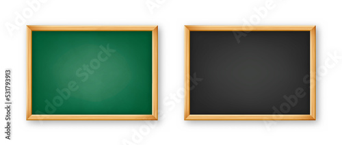Realistic blank chalkboard in a wooden frame. School blackboard with traces of chalk, writing surface for text or drawing. Presentation board, online studying and e-learning. Vector illustration
