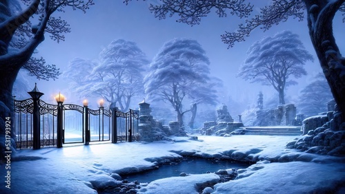 Winter night fairy landscape, neon sunset. Frozen river and trees. Winter park. 3D illustration.