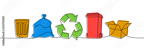 Set of trash one line colored continuous drawing. Garbage, trash can, garbage, recycle bin, carton box continuous one line colorful set illustration.