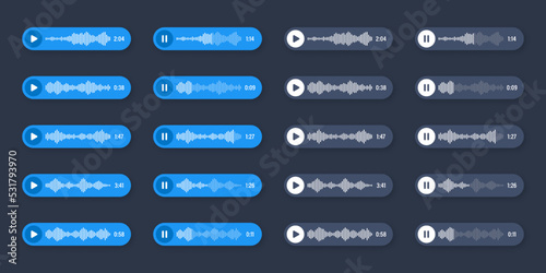 Voice, audio message, speech bubble. SMS text frame. Social media chat or messaging app conversation. Voice assistant, recorder. Sound wave pattern. Dark mode. Vector illustration