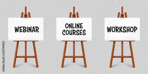 Realistic paint desk with text on white canvas. Wooden easel and a sheet of drawing paper. Presentation board on a tripod. Distance education, online courses and e-learning. Vector illustration
