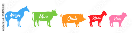 Farm animal silhouettes with hand draw lettering. Neigh, Moo, Oink, Bleat, Baa - animals voice lettering. Farm animals silhouettes