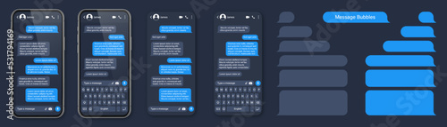 Realistic smartphone with messaging app. SMS text frame. Conversation chat screen with blue message bubbles and placeholder text. Social media application. Vector illustration.