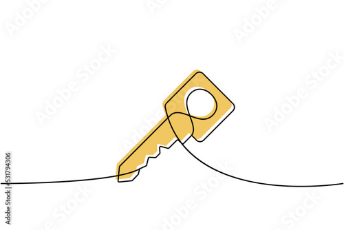 Key one line colored continuous drawing. Home key continuous one line colorful illustration. Vector minimalist linear illustration