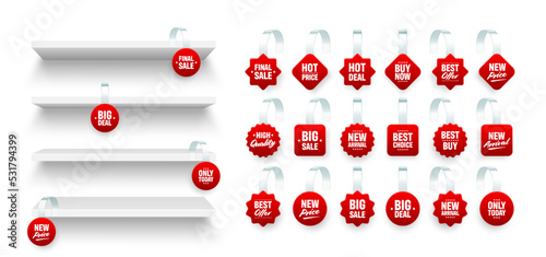 Store shelves with supermarket promotional wobblers. Product shelf and advertising wobbler. Grocery wall rack. Sale or discount label, special offer price tag. Vector illustration