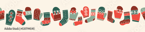 Colorful Retro Knitted Mittens and Socks Vector Seamless Pattern Horizontal Border. Hand Drawn Fair Isle Knitwear Graphic Print. Winter Holiday Background. Red and White Christmas Doodle Design