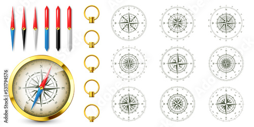 Realistic golden vintage compass with marine wind rose and cardinal directions of North, East, South, West. Shiny metal navigational compass. Cartography and navigation. Vector illustration