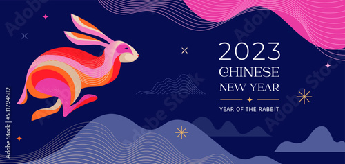 Chinese new year 2023 year of the rabbit - Chinese zodiac symbol, Lunar new year concept, colorful modern background design