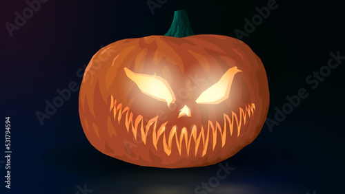 A malevolent orange Halloween pumpkin with glowing eyes and sharp teeth on a dark background. Dreadful jack-o-lantern. Inner glow. High detail Horizontal holiday poster. Vector illustration