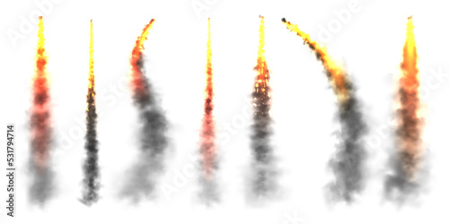 Realistic black smoke with fire, space rocket launch trails. Fire burst, explosion. Missile or bullet trail. Jet aircraft tracks. Smoke clouds, fog. Steam flow. Vector illustration