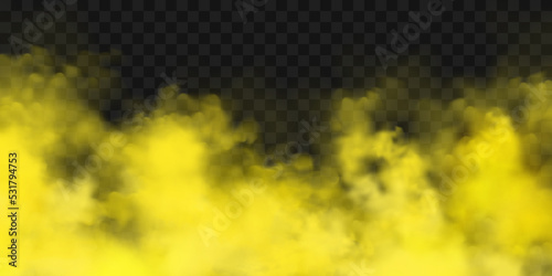 Realistic yellow colorful smoke clouds, mist effect. Fog isolated on transparent background. Vapor in air, steam flow. Vector illustration.
