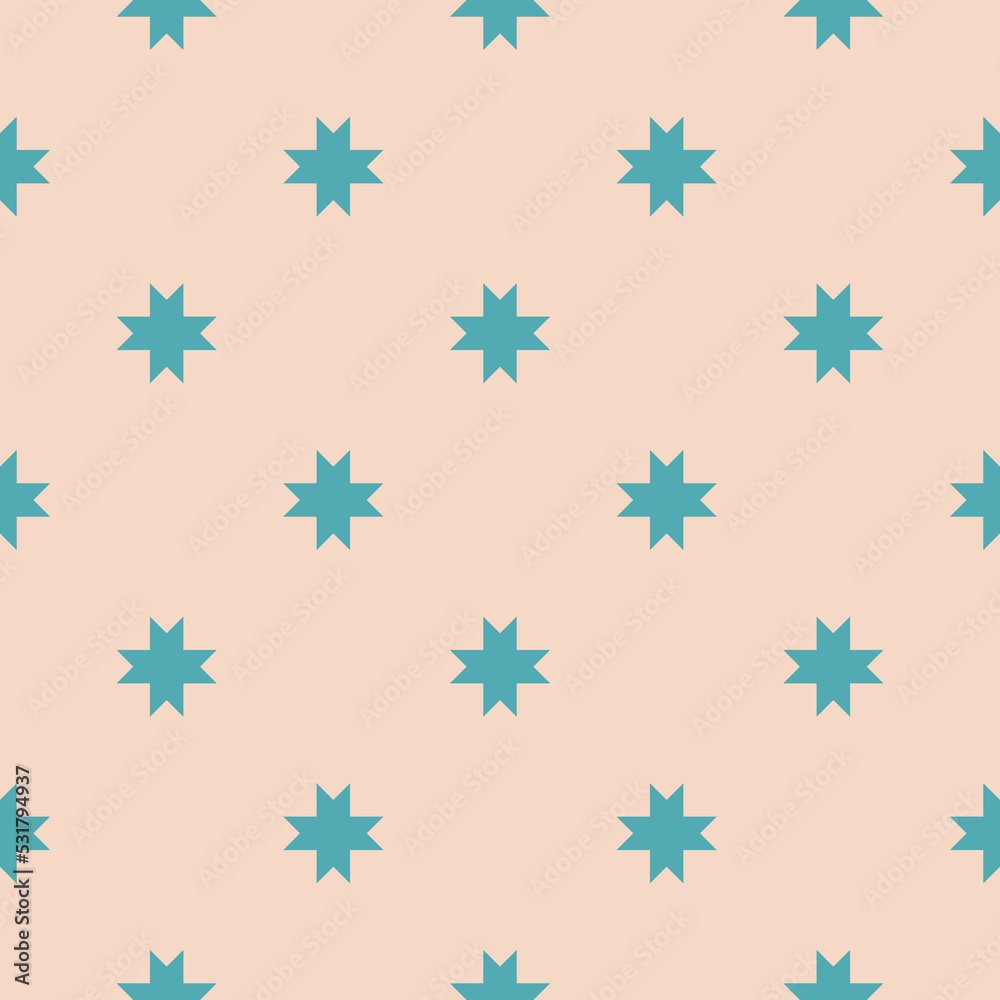 Vector geometric seamless pattern with stars, flower silhouettes, crosses. Simple abstract floral ornament. Retro vintage style background texture. Turquoise and beige color. Repeat decorative design Vector geometric seamless pattern with stars, flower silhouettes, crosses. Simple abstract floral ornament. Retro vintage style background texture. Turquoise and beige color. Repeat decorative design