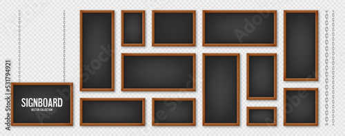 Signboards in a wooden frame hanging on a metal chain. Restaurant menu board. School chalkboard, writing surface for text or drawing. Blank advertising or presentation boards. Vector illustration