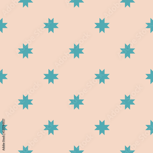 Vector geometric seamless pattern with stars  flower silhouettes  crosses. Simple abstract floral ornament. Retro vintage style background texture. Turquoise and beige color. Repeat decorative design