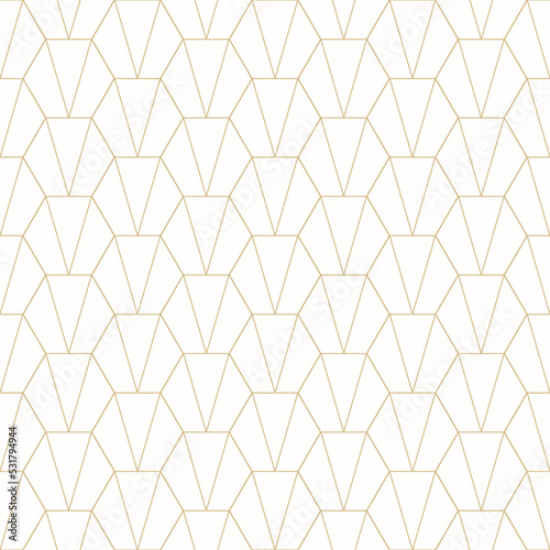 Abstract geometric lines pattern. Vector seamless background with golden linear grid, lattice, hexagons, triangles. Simple minimal gold and white ornament texture. Premium repeat decorative design