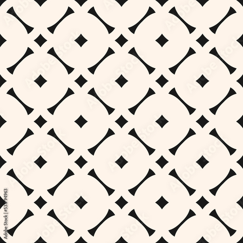 Vector geometric seamless pattern with floral shapes, round grid, diamonds, lattice. Simple abstract black and white background. Monochrome ornament texture. Repeat design for decor, print, embossing