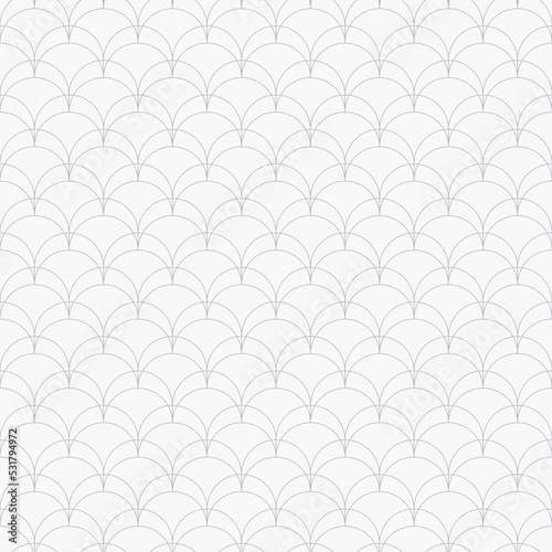 Vector geometric linear pattern. Art deco style background with thin curved lines  fish scale ornament  grid  lattice. Subtle elegant gray and white abstract texture. Simple repeat minimalist design