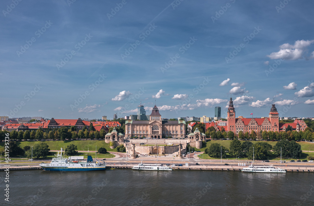 Summer panorama of Szczecin, Zachodniopomorskie, Poland. Aerial view on the Muzeum Narodowe, Politechnika morska and Urząd Wojewódzki at the famous Wały Chrobrego promenade