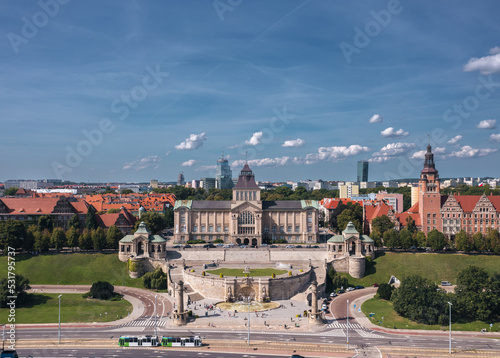 Summer panoramic cityscape of Szczecin, Zachodniopomorskie, Poland. Aerial view on the Muzeum Narodowe at the famous Wały Chrobrego promenade photo