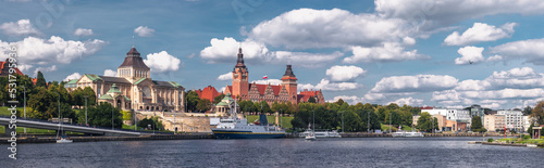 Szczecin, Zachodniopomorskie, Poland - Wide summer panorama of the city: Muzeum Narodowe, Politechnika morska and Urząd Wojewódzki at the famous Wały Chrobrego promenade