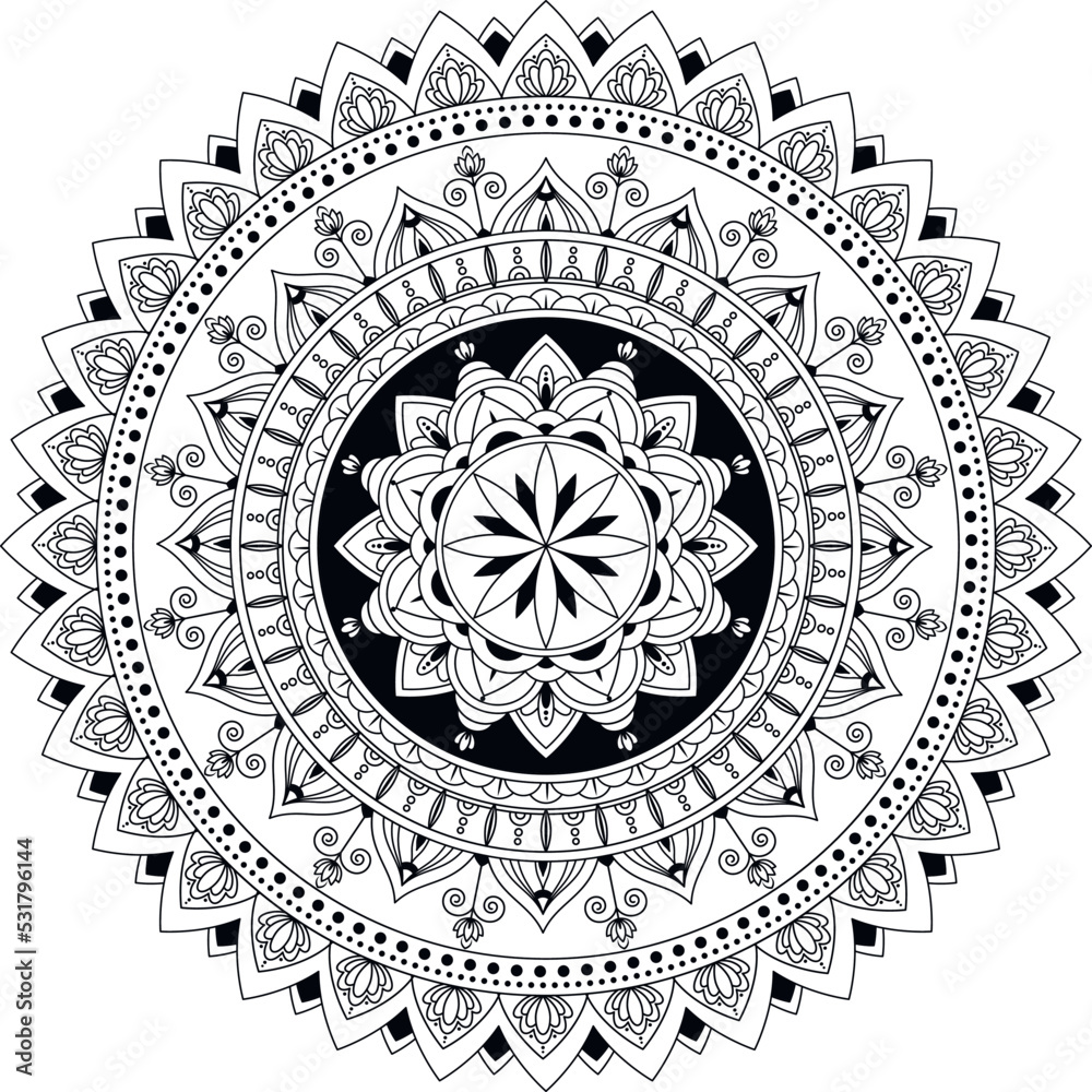 Hand drawn circular mandala isolated on a white background. Coloring book page. Vector pattern for design. 
