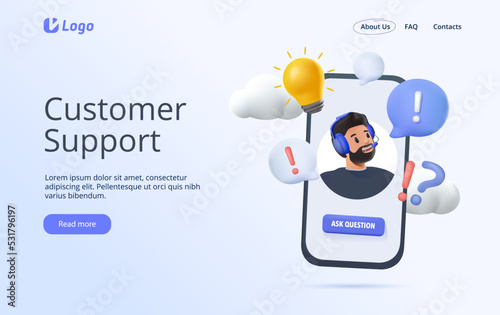 Customer service landing page. Man with headphones and microphone with smartphone. Customer support website. 3D render