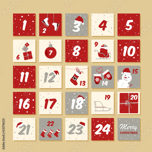 Vector Christmas advent calendar. Winter New Year holidays poster with dates. Cute decoration xmas day celebration.Calendars number template.