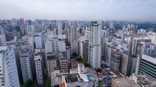 Aerial view of S  o Paulo  in the neighborhood of Jardins. Many residential buildings and a building under construction