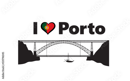 Porto city, Portugal. Panoramic tourist skyline view. Portuguese cityscape with famous bridge through Douro river 