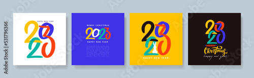 2023 Happy New Year colorful posters. Set of design typography logo 2023 for Christmas celebration and season decoration, banner, cover, card, branding, social media template. Vector illustration.