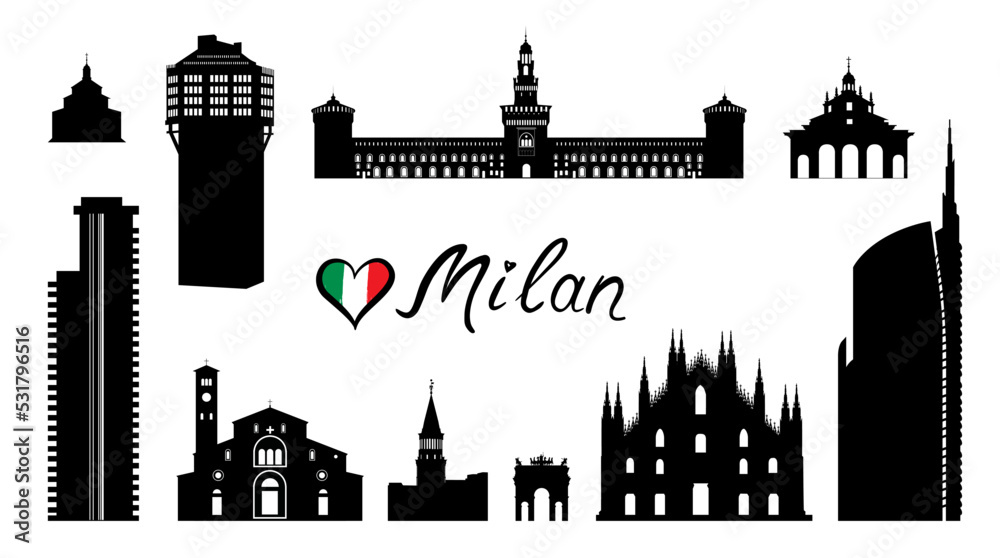 Milan city famous place travel set. Italy, architectural tourist landmark silhouettes. Historic buildings and modern skyscrapers. Italian touristic cityscape design.
