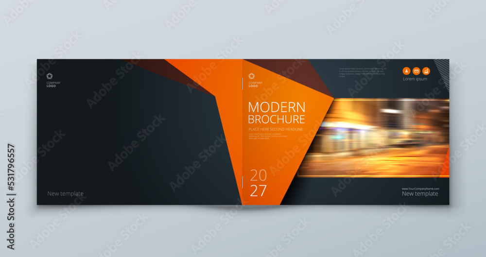 Horizontal Brochure template layout design. Corporate business annual report, catalog, magazine mockup. Layout with modern orange elements and photo. Creative poster, booklet, flyer or banner concept - obrazy, fototapety, plakaty 