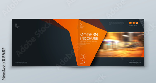 Horizontal Brochure template layout design. Corporate business annual report, catalog, magazine mockup. Layout with modern orange elements and photo. Creative poster, booklet, flyer or banner concept
