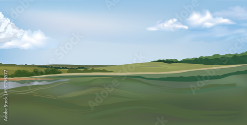 Rural landscape with panoramic skyline. Hills, meadows, trees and fields horizon. Summer nature background. Vector countryside view