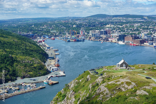 St. Johns, Newfoundland, Canada: View from Signal Hill of the Queen’s Battery, built to protect the narrows approach to St. Johns harbor. photo