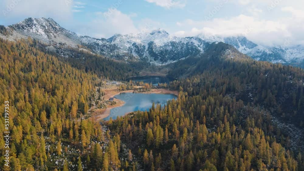 Autumn Aerial View of Laghi di San Giuliano, Trentino, with snowy peaks in the backgound - Val Rendena - beautiful mountain lakes surrounded by foliage colors in the Alps of northern Italy Autumn Aerial View of Laghi di San Giuliano, Trentino, with snowy peaks in the backgound - Val Rendena - beautiful mountain lakes surrounded by foliage colors in the Alps of northern Italy