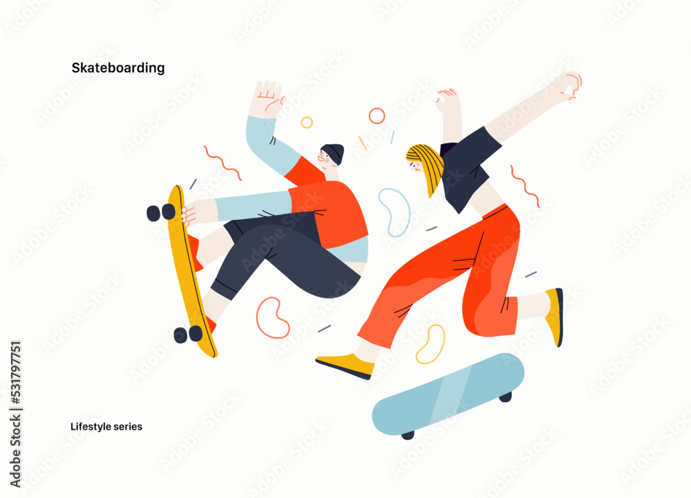 Lifestyle series - Skateboarding - modern flat vector illustration of a young male and female skaters jumping in the air with their skateboards.. People activities concept Lifestyle series - Skateboarding - modern flat vector illustration of a young male and female skaters jumping in the air with their skateboards.. People activities concept