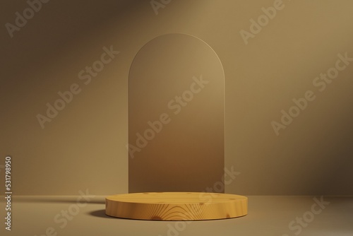 Fototapeta Naklejka Na Ścianę i Meble -  Modern wood cylinder pedestal or podium for product showcase. Cosmetic stand pedestal. Beige background. Empty stage. 3d render illustration