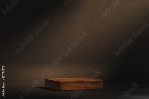 Fototapeta Naklejka Na Ścianę i Meble -  Minimal box wood pedestal or podium for product showcase. Cosmetic stand pedestal. Brown background mockup. Empty stage. 3d render illustration