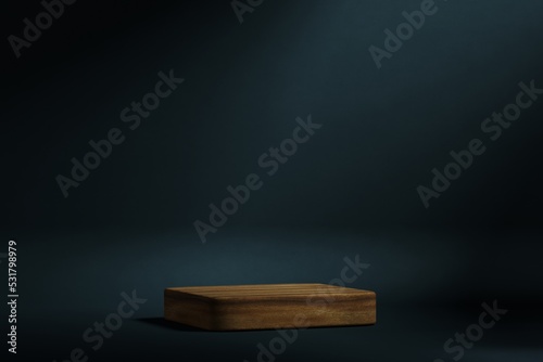 Minimal box wood pedestal or podium for product showcase. Cosmetic stand pedestal. Blue background mockup. Empty stage. 3d render illustration