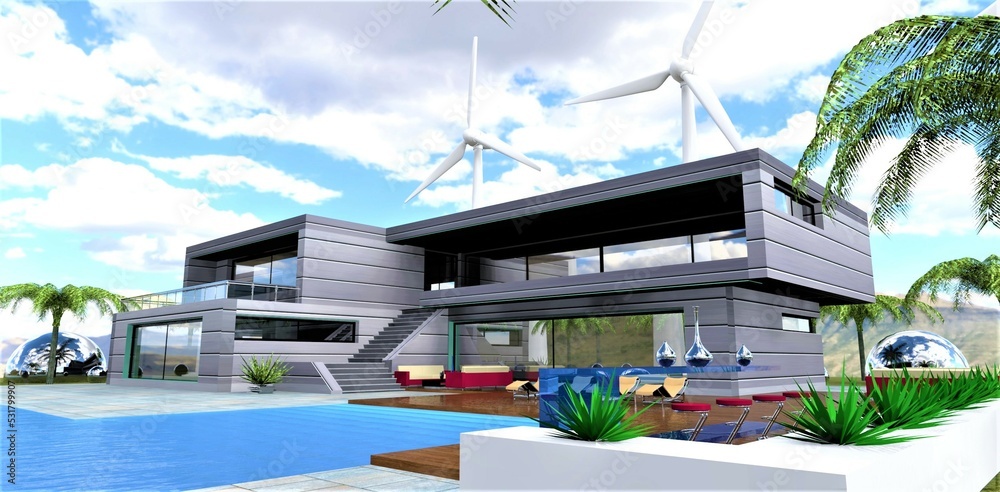 Visualization of a futuristic country estate with a swimming pool and a relaxation area. Power is provided by two wind turbines located in the backyard. 3d render.