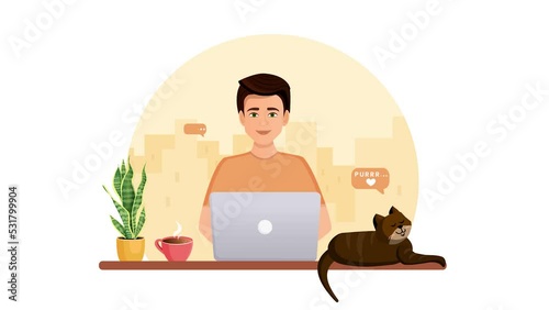 Animation of a man working at a computer with a cat. Remote work, freelance, home office, programming, education. Communication on the Internet, online meetings.