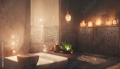 Ancient interior Turkish bath, frescoes on the walls, baths, oriental lanterns. Fantasy Turkish palace interior. 3D illustration. photo