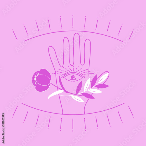 Human connection with nature. Human responsibility for preserving nature of Earth, looking into future, connection with universe, hand, plants, space, third eye. Vector drawing in trendy Very Peri