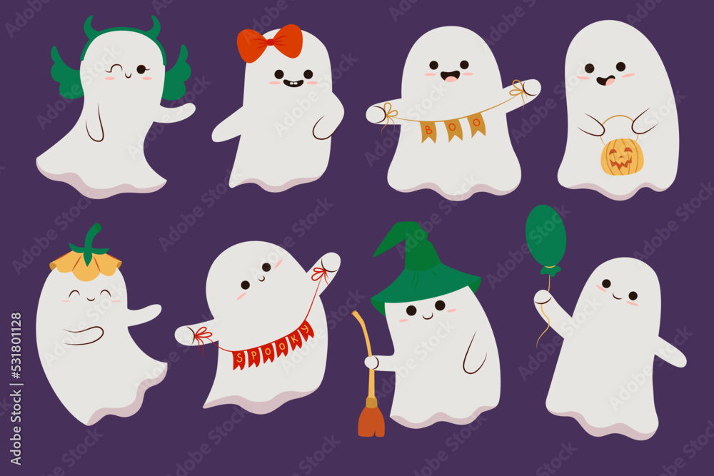 Set of cute funny happy ghosts. Childish spooky boo characters for kids. Magic scary spirits with different emotions and face expressions. Isolated flat cartoon vector illustrations of comic phantoms Set of cute funny happy ghosts. Childish spooky boo characters for kids. Magic scary spirits with different emotions and face expressions. Isolated flat cartoon vector illustrations of comic phantoms
