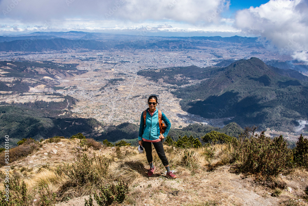 Tourist above Santa Maria volcano, Quetzaltenango, Guatemala