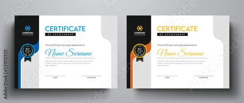 Clean and simple certificate of achievement template blue yellow color variation