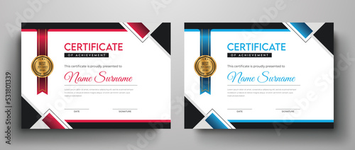 Red and blue color variation professional certificate template with golden best award badge